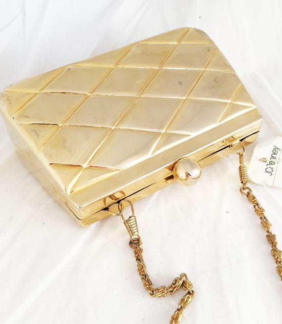 Clutch Vintage Gold Metal Hard Box Evening Purse With 