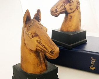 Horse Shaped Bookends - Vintage gold and black chalk ceramic vintage 50's Percheron Horse  matching gold horse bust