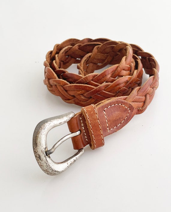 BRAIDED LEATHER AND FABRIC BELT WITH SILVERTONE BRASS BUCKLE SZ: 38” Mens Brown Leather Belt Sz 38 Brass Buckle Braid Insert 1-1  main image 2