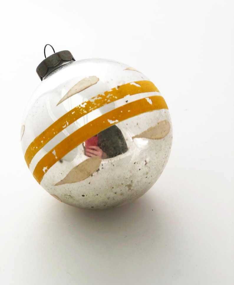 Silver Glass Ornament Bulb Vintage Mustard Yellow Striped Etsy