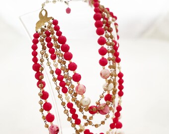 Collier Vintage Double Rang En Perles Blanches Et Roses - Type Ras Du Cou - Occasion SUPERBE