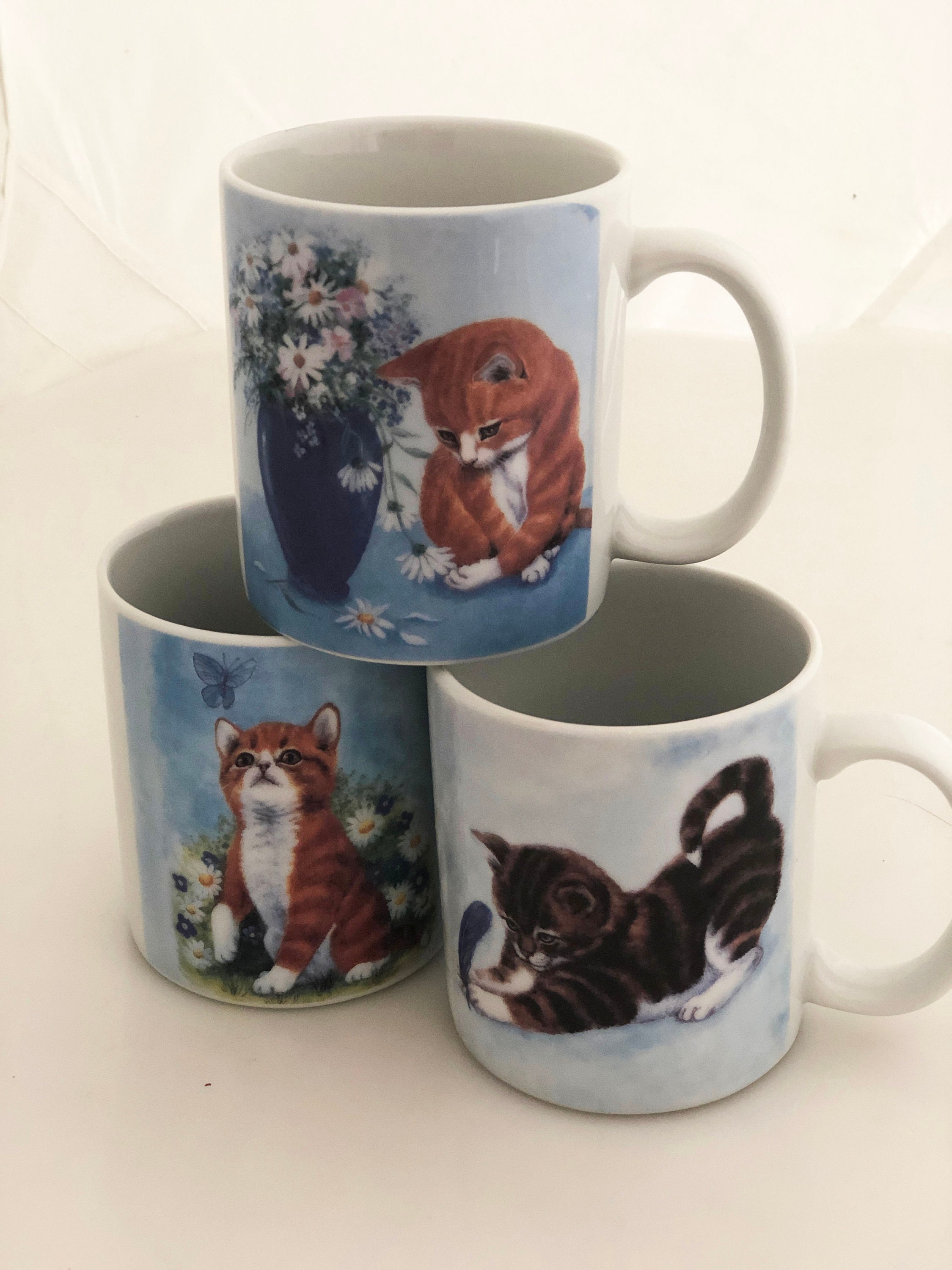 Kitten Mugs Set of Three Vintage 90s Cat and Yarn Whimsical Etsy UK