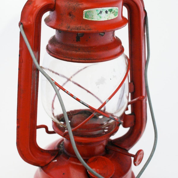 Lantern- 1970s Red Rustic Hanging Metal Centerpiece