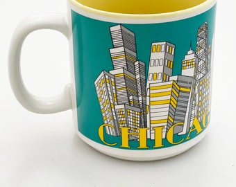 Ceramic Mug - Vintage Chicago skyline retro 80's teal yellow chi town by the paradies shops