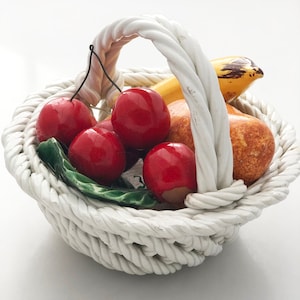 Fruit Bowl- Vintage 50s MCM ceramic italian wire wrapped tabletop bowl of fruit cherry banana pear
