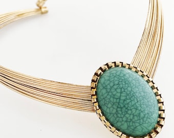 Collier Art Déco Métal Doré Avec Cabochons Opaline Turquoise - Bijou Vintage Rare Sans Poinçon