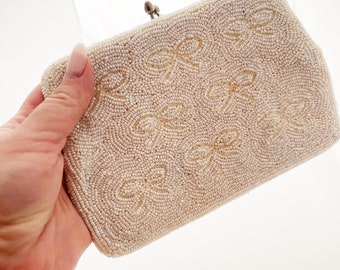 Hand Beaded Clutch- white evening bag with bow shaped details silver wrist chain kiss lock clasp