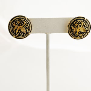 Damascene - Vintage round post stud earrings with damascus dove gold black intricate