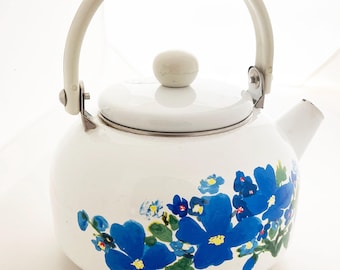 Enamel Tea kettle- Vintage floral kettle deadstock by Creative Home blue floral design with whistle