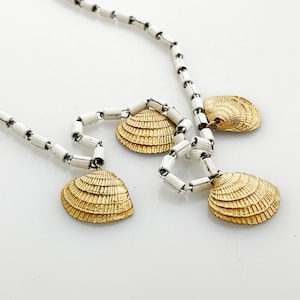 Shell necklace- Vintage white enamel scallop shell dangle layering summer nautical neckmess retro 60&#39;s