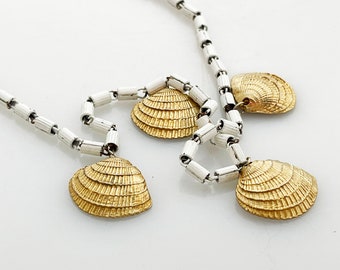 Shell necklace- Vintage white enamel scallop shell dangle layering summer nautical neckmess retro 60's