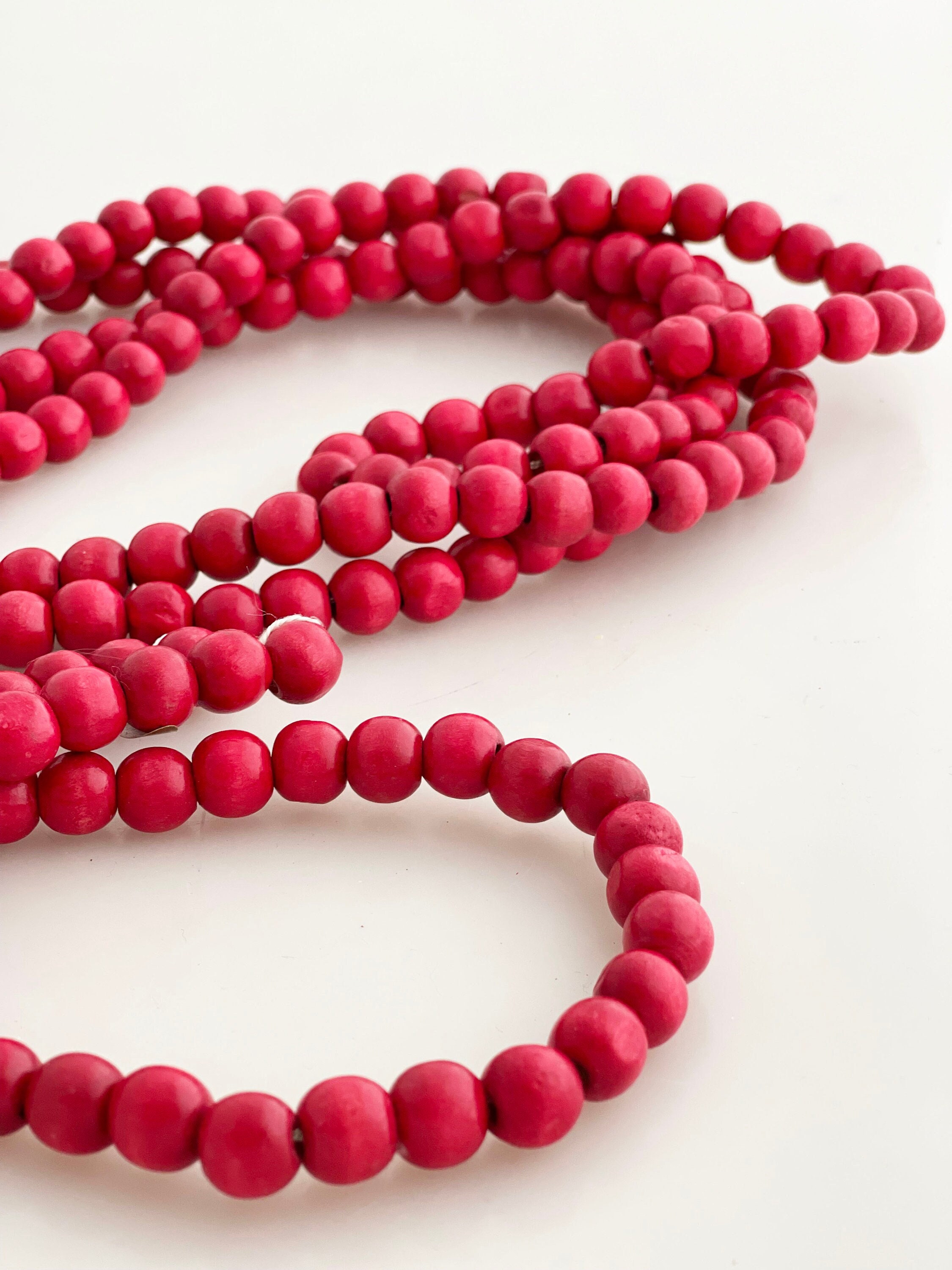 Red Wooden Beaded Garland - Vintage cranberry 9 foot decorative christmas tree garland Valentine’s Day