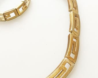 Greek key collar necklace - Vintage wire strung gold beaded geometric necklace retro 90's
