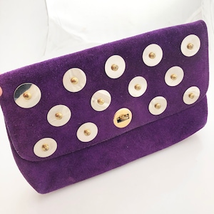 Purple Leather Clutch - True vintage 1980s statement piece with gold disc accents