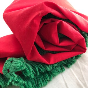May include: A red fabric rug with a green fringe border. The rug is rolled up and the fringe is visible.