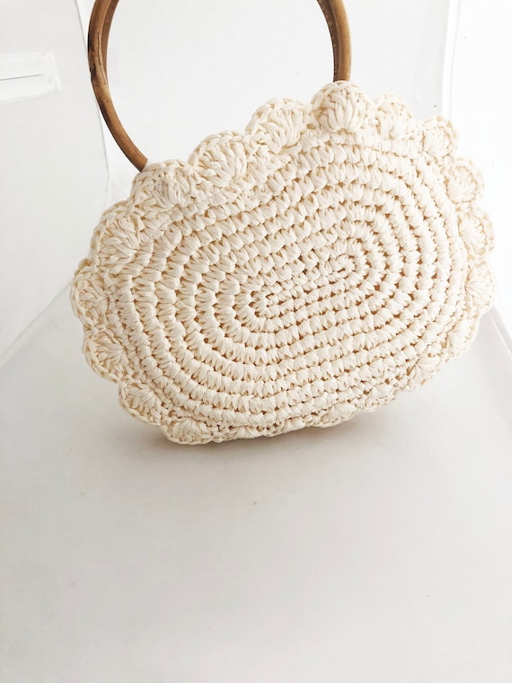 Raffia Summer Purse- Vintage Round wood handled Pa