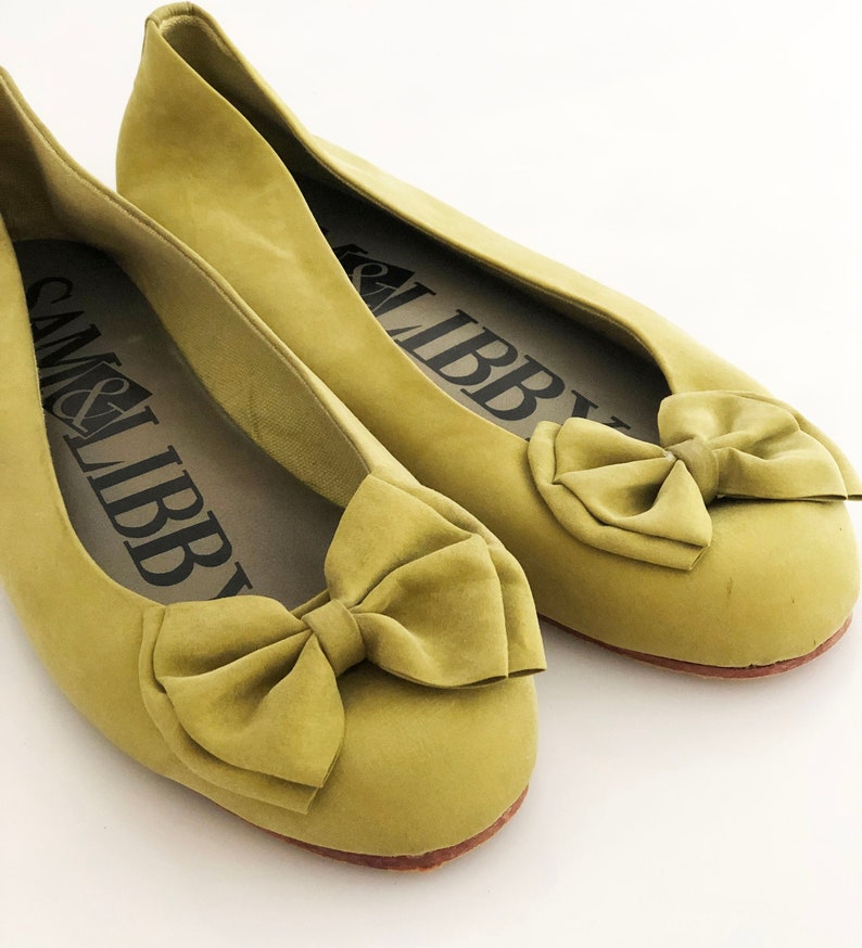 Vintage green linen bow flats leather sole size 8B made in Taiwan Sam /& Libby
