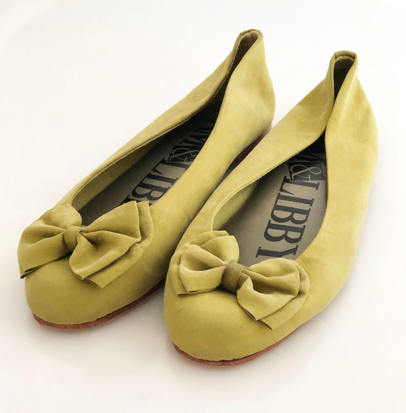 Vintage green linen bow flats leather sole size 8B made in Taiwan Sam /& Libby