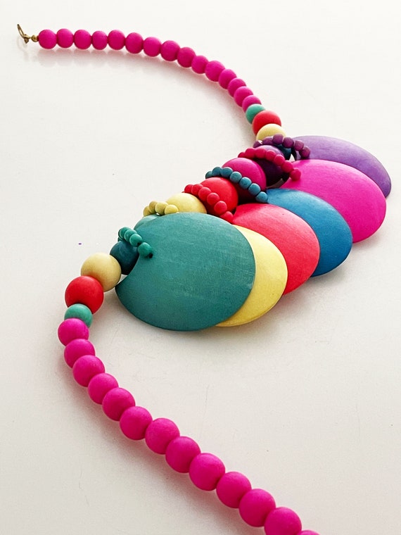 Wooden Beaded necklace- Vintage 80's hollow stran… - image 1