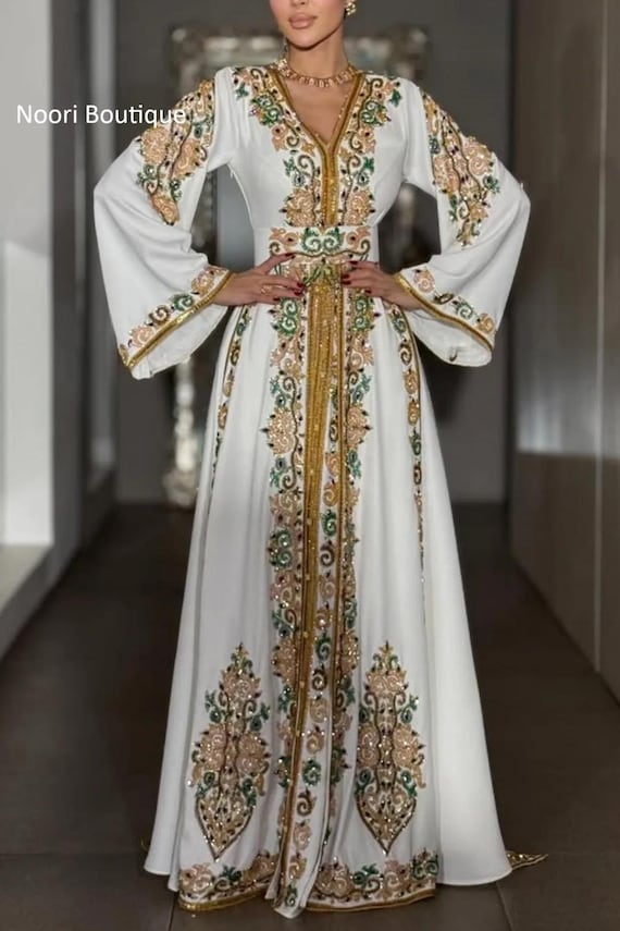 White Moroccan Kaftan Dress, Gold Green Embroidery, Designer Caftan Gown, Modest Maxi Eid Wear