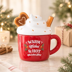 Può includere: Una tazza in ceramica rossa con un coperchio a forma di panna montata bianca, un biscotto a forma di cuore e una stecca di cannella. La tazza presenta la scritta bianca WARM Wishes & HOT Chocolate Kisses con decorazioni di agrifoglio e bacche.