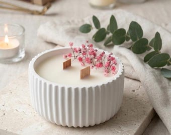 Candela di soia naturale | Ciotola in ceramica | Doppio stoppino in legno | Decorazione floreale | Fatta a mano | Regalo per la festa della mamma | Minimalista