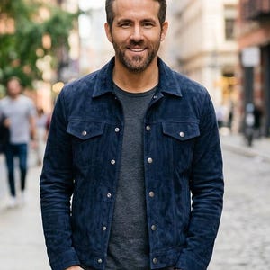 Męska granatowa kurtka ze skóry zamszowej, swobodna kurtka z guzikami z przodu, minimalistyczna kurtka w stylu ulicznym, nowoczesna, dopasowana skórzana kurtka,