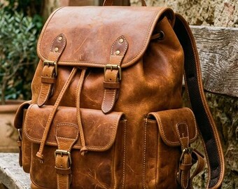 Handmade Distressed Leather Backpack, Rustic Brown Travel Rucksack, Laptop Bag