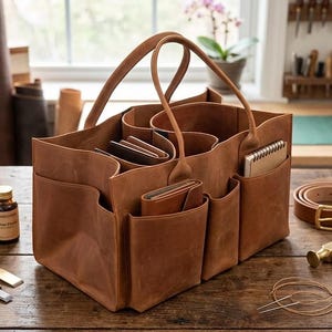 May include: A brown leather tote bag with multiple pockets and compartments. The bag has two handles and is filled with notebooks and wallets. The bag is sitting on a wooden surface with leather working tools and a belt.
