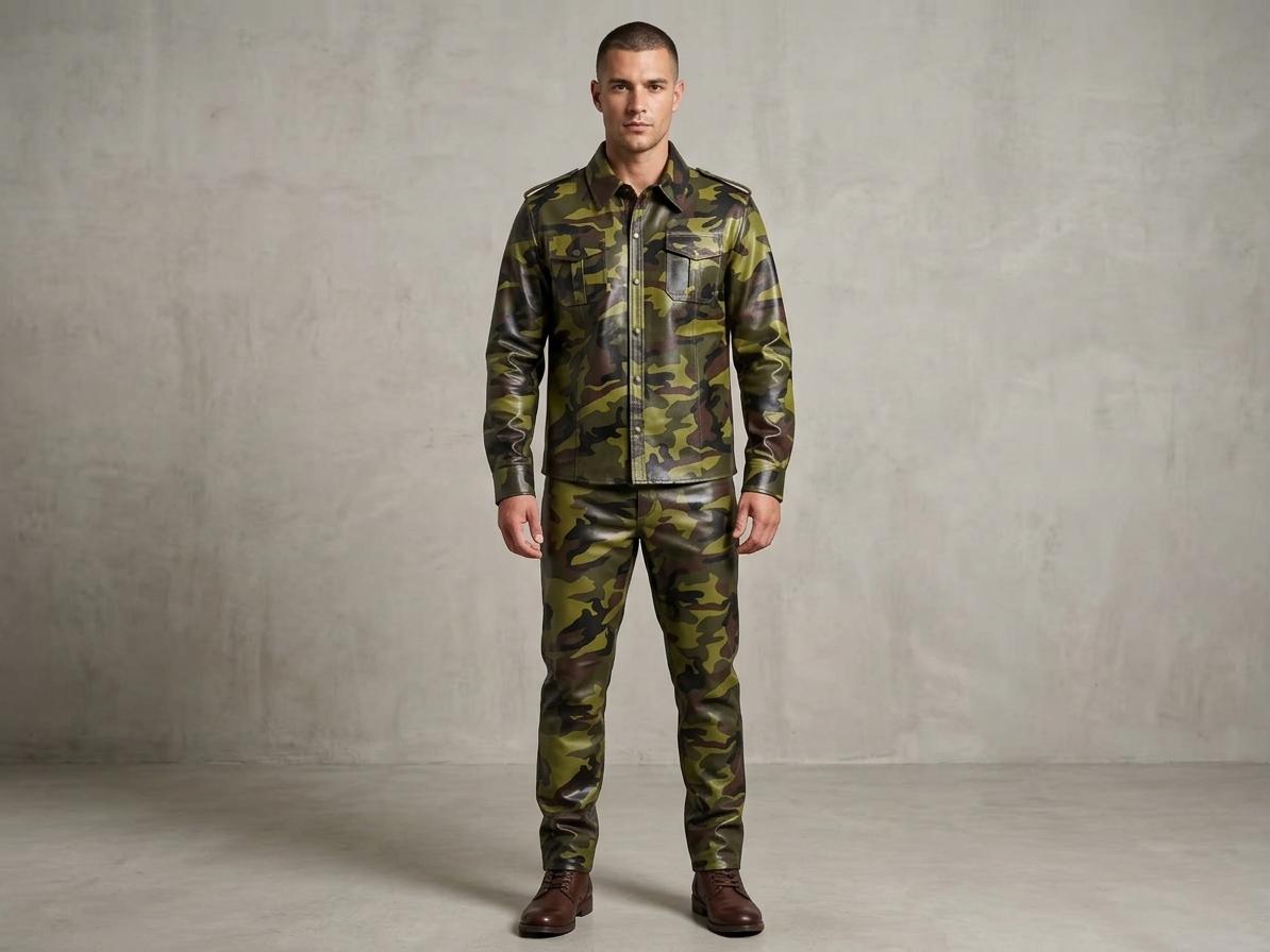 Men's Camo Leather Tracksuit Set, Cowhide Jacket and Pants, Urban Streetwear Outfit