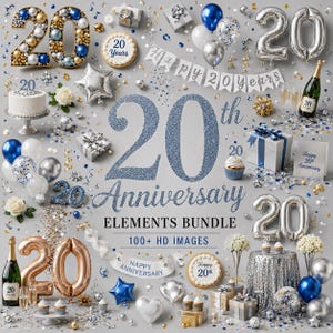 Könnte beinhalten: Ein 20-jähriges Jubiläums-Elemente-Paket mit blauen, silbernen, goldenen und roségoldenen Luftballons, Konfetti, Geschenkkartons, Champagnerflaschen, Kuchen und Bannern mit dem Text 20th Anniversary Elements Bundle 100+ HD Images und Happy 20 Years.