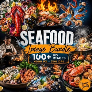 Pode incluir: Um gráfico digital apresentando uma variedade de pratos de frutos do mar, incluindo lagosta, camarão, ostras e caranguejo. O texto diz SEAFOOD Image Bundle 100+ HD IMAGES 4000 PX 300 DPI Premium Quality. Inclui um chef preparando alimentos.