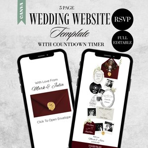 May include: A 5-page wedding website template for Canva featuring a countdown timer. The display shows two smartphones with digital invitations, burgundy envelopes with gold wax seals, black and white photos, and text reading With Love From Mark & Julia.