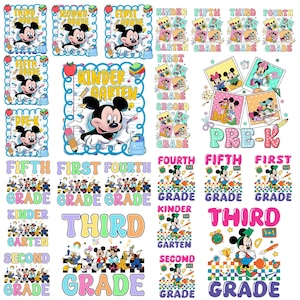 Könnte beinhalten: Eine Sammlung bunter digitaler Grafikdesigns mit Mickey Maus und Freunden in schulischen Umgebungen. Die Bilder enthalten Textbeschriftungen für verschiedene Klassenstufen vom Kindergarten bis zur fünften Klasse sowie Schulmaterialien wie Stifte und Bücher.