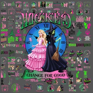 Può includere: Un design grafico digitale che presenta la parola WICKED in grandi lettere verdi e rosa sopra un quadrante blu. Due figure si trovano davanti all'orologio: una persona con capelli biondi in un abito rosa e una con pelle verde in abito e cappello nero.