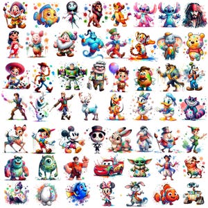 May include: A selection of colourful watercolour illustrations of cartoon characters. The images feature characters from popular animated films and shows, including Disney and Pixar. The characters are depicted with vibrant colours and artistic paint splatter effects.