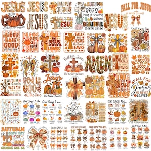 Puede incluir: Una colección de diseños gráficos digitales con motivos otoñales que incluyen calabazas, cruces, lazos de cuadros y hojas de otoño. Los diseños incorporan textos religiosos como Jesus, God y Amen, con diversas paletas de colores otoñales.