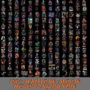 Op de afbeelding: Een digitale collectie van meer dan 180 halftoon horrorfilm grafische ontwerpen gerangschikt in een raster op een zwarte achtergrond. De tekst 180+ HALFTONE MOVIE HOROR PNG BUNDLE staat in oranje onderaan de afbeelding.
