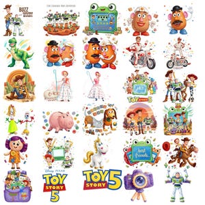 May include: A collection of colorful illustrations featuring characters from Toy Story, including Woody, Buzz Lightyear, Mr. and Mrs. Potato Head, Rex, Slinky Dog, and Hamm. The images include various scenes, text logos for Toy Story 5, and individual character portraits in a vibrant, cartoon style.