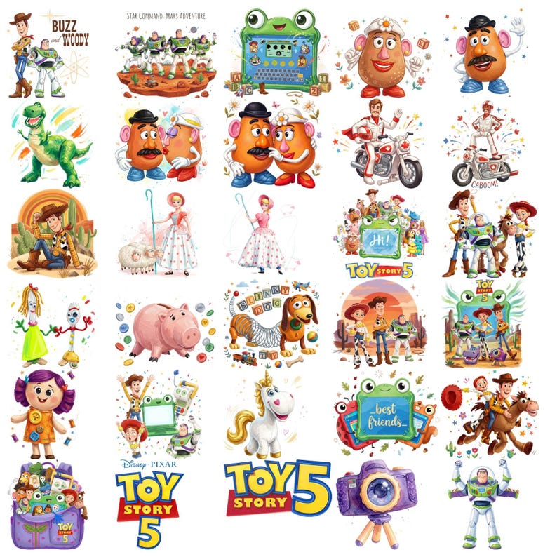 May include: A collection of colorful illustrations featuring characters from Toy Story, including Woody, Buzz Lightyear, Mr. and Mrs. Potato Head, Rex, Slinky Dog, and Hamm. The images include various scenes, text logos for Toy Story 5, and individual character portraits in a vibrant, cartoon style.