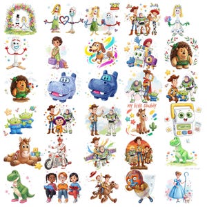 May include: A collection of thirty individual illustrations featuring characters from the Toy Story franchise, including Woody, Buzz Lightyear, Forky, Rex, and Slinky Dog, depicted in various poses, colorful outfits, and playful scenes with stars.