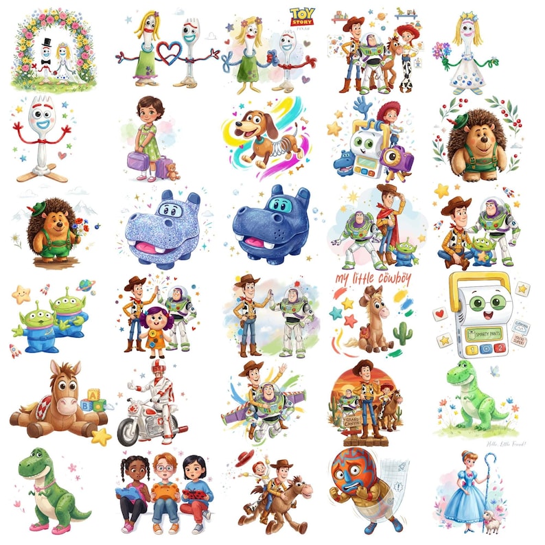 May include: A collection of thirty individual illustrations featuring characters from the Toy Story franchise, including Woody, Buzz Lightyear, Forky, Rex, and Slinky Dog, depicted in various poses, colorful outfits, and playful scenes with stars.