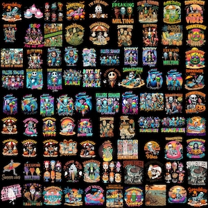 Puede incluir: Una colección de diseños gráficos con temática de Halloween y verano. Los diseños presentan calaveras, calabazas, conos de helado y escenas de playa, con textos como "Summerween", "Killers Summer" y "Vibes". La paleta de colores incluye negro, naranja y varios colores brillantes.