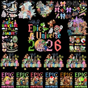 Könnte beinhalten: Eine schwarze Grafik mit Zeichentrickfiguren und dem Text "Epic Universe 2026". Das Design umfasst Bilder von Mario, Luigi, Prinzessin Peach, Yoshi und anderen Charakteren, mit einer Burg und Sternen.