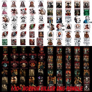 May include: A digital collection of over 130 horror movie character designs featuring iconic villains like Jason, Freddy Krueger, Chucky, and Pennywise. The graphics include various artistic styles, text overlays, and dark colour palettes for apparel printing.