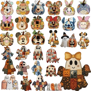 Può includere: Una collezione di illustrazioni digitali con disegni in stile patchwork di vari personaggi dei cartoni animati e fantasmi. Le immagini includono zucche, fantasmi e motivi a tema con tessuti colorati, dettagli di cucitura e fiocchi.
