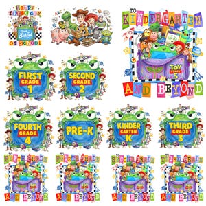 Op de afbeelding: Een verzameling digitale illustraties met Toy Story-personages zoals Woody, Buzz Lightyear en Rex. De ontwerpen bevatten tekst voor verschillende schooljaren zoals First Grade, Second Grade, Third Grade, Fourth Grade, Fifth Grade, Pre-K en Kindergarten, naast de zin To Kindergarten and Beyond.