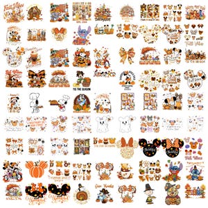Può includere: Una collezione di design grafici digitali a tema autunnale e del Ringraziamento, con vari personaggi dei cartoni animati, zucche, fogliame autunnale, tazze di caffè e testi festivi come Fall Vibes, Pumpkin Spice e Give Thanks in arancione e marrone.