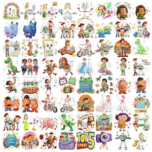 May include: A collection of watercolor-style illustrations featuring characters from the Toy Story franchise, including Woody, Buzz Lightyear, Forky, Rex, Slinky Dog, Mr. and Mrs. Potato Head, and various other figures, arranged in a grid pattern.