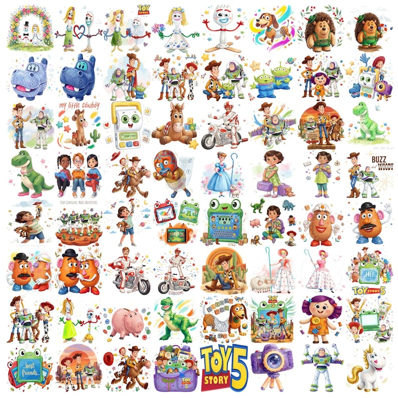 May include: A collection of watercolor-style illustrations featuring characters from the Toy Story franchise, including Woody, Buzz Lightyear, Forky, Rex, Slinky Dog, Mr. and Mrs. Potato Head, and various other figures, arranged in a grid pattern.